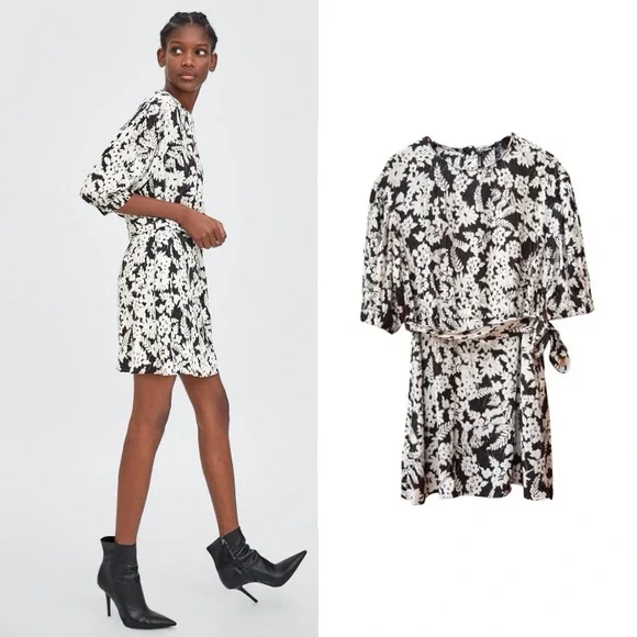Zara NWT Floral Buttoned & Belted Mini Dress Small - Picture 1 of 9